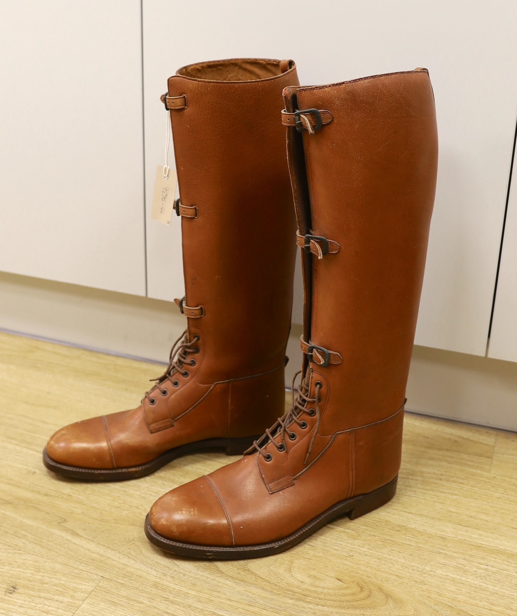 A pair of Gentleman’s brown leather riding boots, size approx. 10, from heel 51cms high